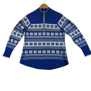 Talbots Sweater Women's M 1/4 Zip Fair Isle Blue and White Wide Collar Nordic